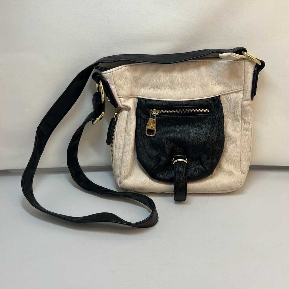 Steve Madden Crossbody Cream Black‎ Faux Leather Handbag Purse Zip Pockets